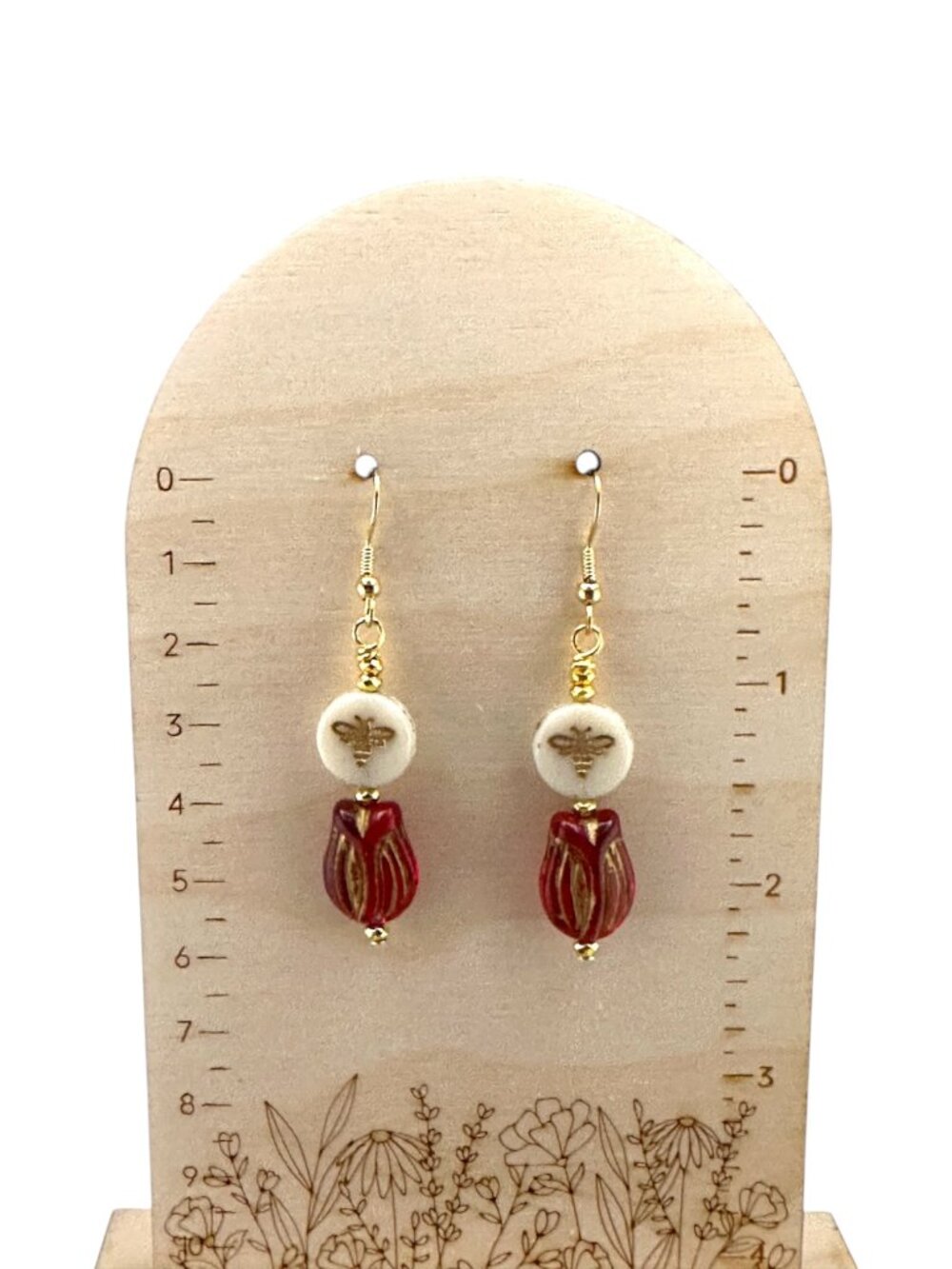 Czech Glass Bee Tulip Earrings Garnet Red Floral Dangle Cottagecore Boho - Picture 10 of 10